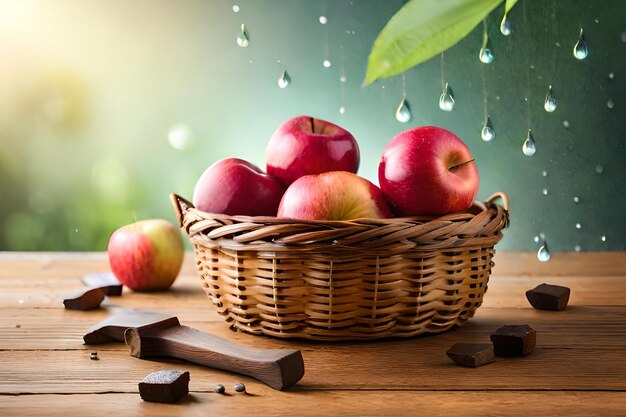 Manzanas en una canasta con gotas de agua en el fondo.