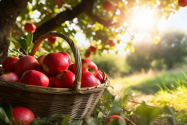 Manzanas en una canasta en un huerto