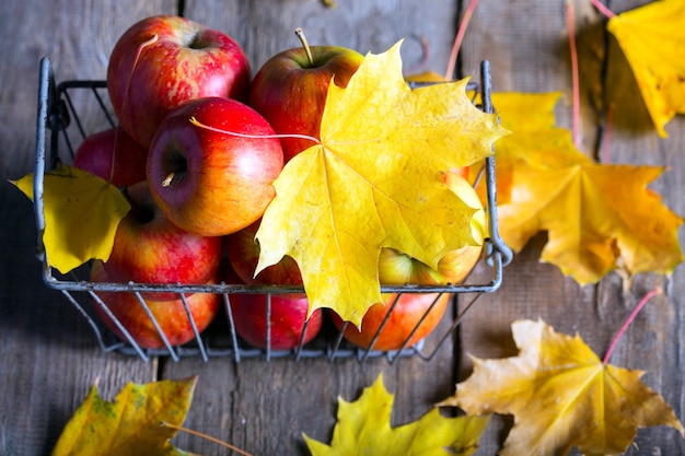 Manzanas en una canasta sobre una mesa de madera y hojas de arce amarillo