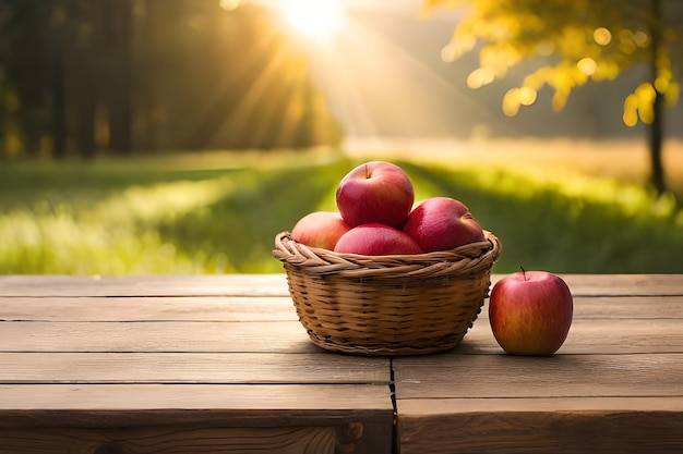 manzanas en una canasta sobre una mesa de madera con el sol detrás de ellas.