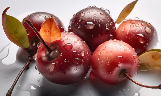 Manzanas de cangrejo con gotas de agua sobre un fondo blanco IA generativa