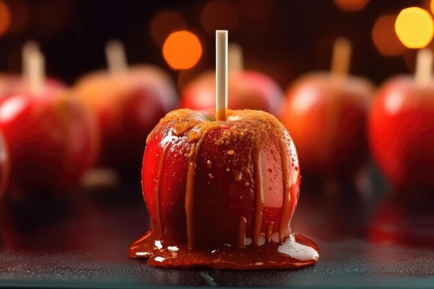 Manzanas de caramelo rojo dulce glaseadas típicas de festa junina con palitos llamados Toffee Apples Generative AI