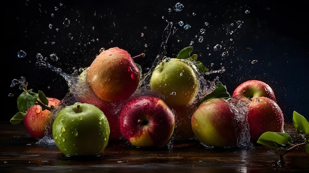 Manzanas cayendo en un chapoteo de agua