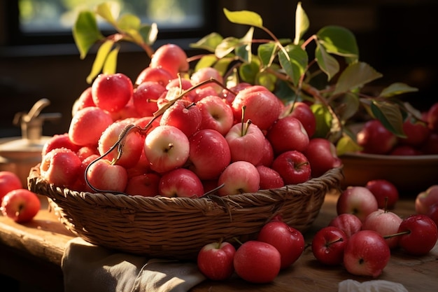 Manzanas en una cesta sobre una mesa de madera con rayos de sol en el fondo