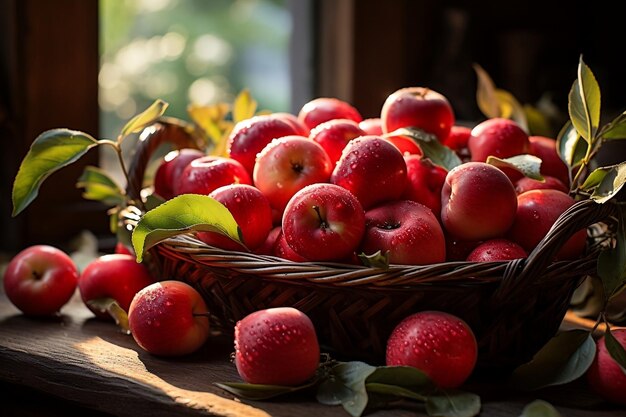 Manzanas en una cesta sobre una mesa de madera con rayos de sol en el fondo