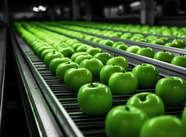 Las manzanas se clasifican en una cinta transportadora en una fruta en una fábrica