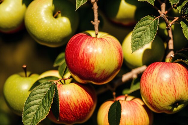 Las manzanas cuelgan de un árbol con hojas.