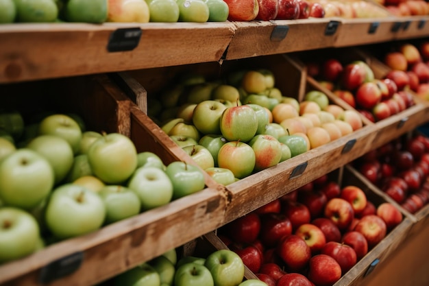 Las manzanas en los estantes de los supermercados Las manzanas se muestran en las tiendas minoristas Alimentos orgánicos de agricultores locales Frutas saludables