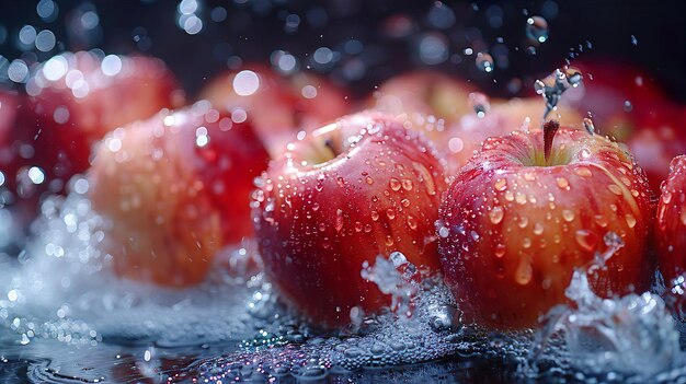 manzanas frescas en el aire con salpicaduras de agua