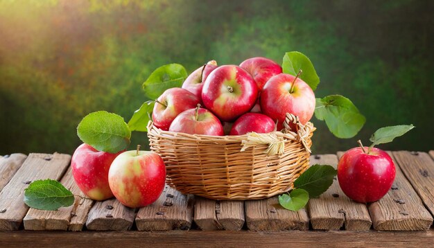 Foto manzanas frescas en una canasta y en una mesa de madera