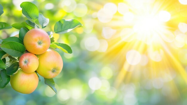 Foto manzanas frescas creciendo en un árbol bañado en la luz del sol