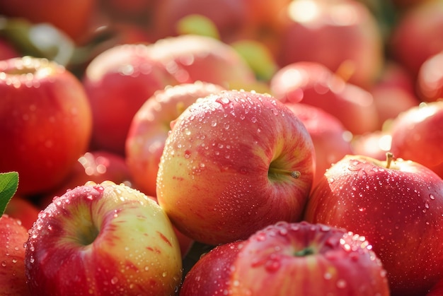 manzanas frescas cubiertas de rocío brillando en la luz del sol de la mañana en un huerto