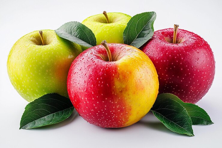manzanas frescas de diferentes variedades dispuestas con hojas verdes sobre un fondo blanco IA generativa