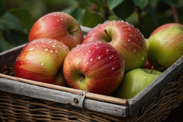 manzanas frescas con gotas de agua en la canasta