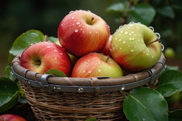 manzanas frescas con gotas de agua en la canasta