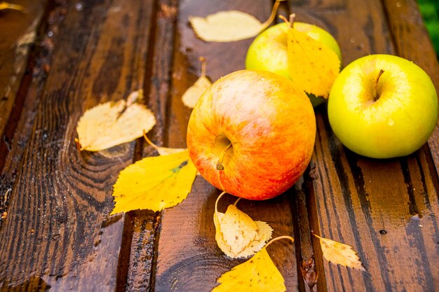 Manzanas frescas en la mesa de madera después de la lluvia