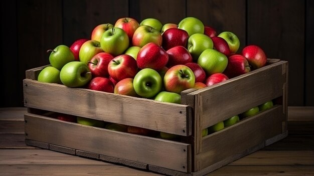 manzanas frescas orgánicas verdes y rojas en la caja de madera sobre un fondo gris oscuro IA generativa