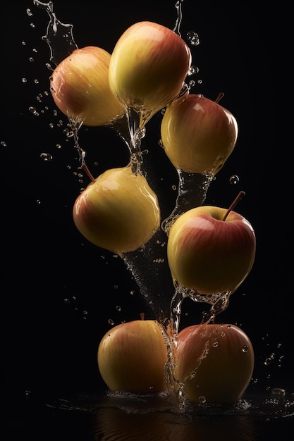 Manzanas frescas con salpicaduras de agua IA generativa