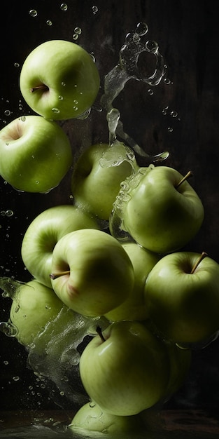 Manzanas frescas con salpicaduras de agua IA generativa