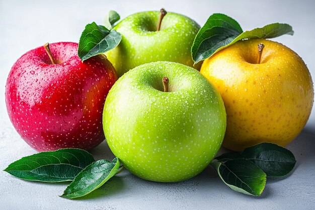 manzanas frescas de varios colores dispuestas con hojas verdes en un fondo claro IA generativa