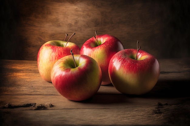 Manzanas Gala en un grupo sobre un fondo de tablero de madera