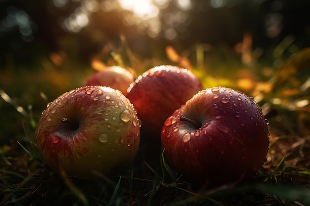 Manzanas en la hierba con el sol brillando sobre ellas