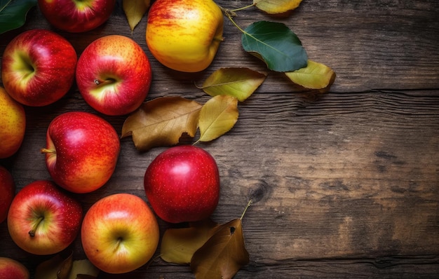 Manzanas y hojas sobre una mesa de madera