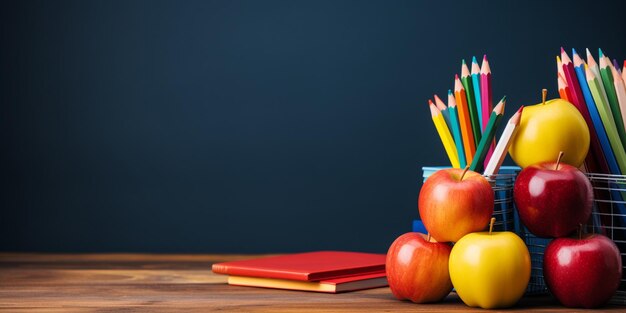 Manzanas y lápices en una canasta sobre una mesa con un fondo azul ai generativo