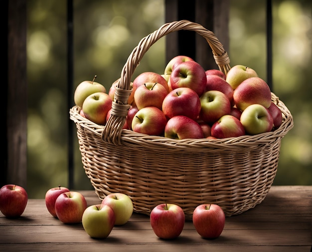 Manzanas maduras y apetitosas en una cesta rebosante