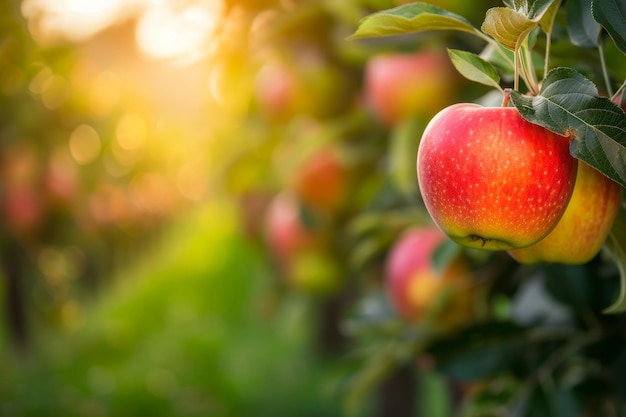 manzanas maduras colgando de un árbol en un huerto de manzanas