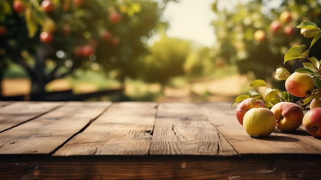 Las manzanas maduras se mantienen en una superficie de madera vieja con espacio de copia IA generativa