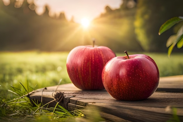 manzanas en una mesa de madera al sol