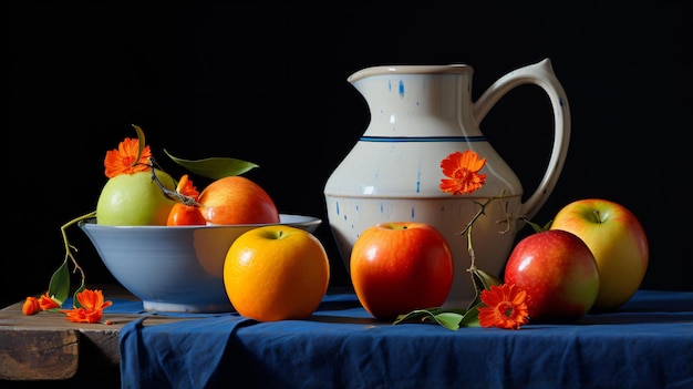 Foto manzanas y naranjas en cuenco de cerámica con jarra de leche