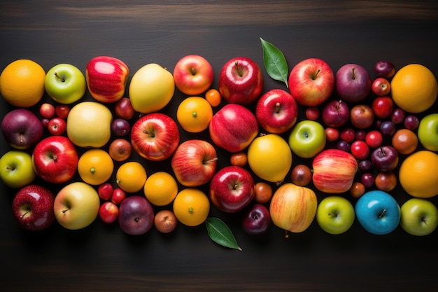 Manzanas naturales saludables y otras frutas en una mesa de madera manzana azul