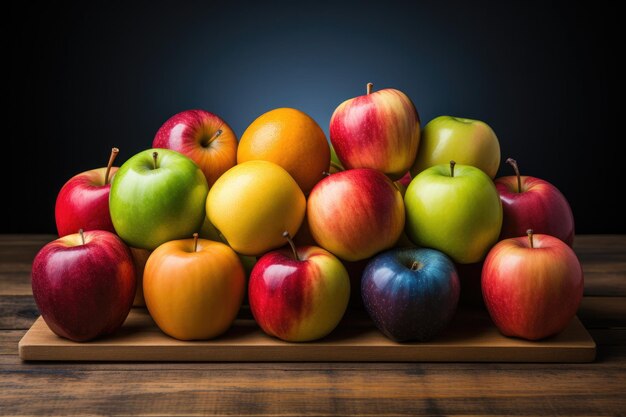 Manzanas naturales saludables y otras frutas en una mesa de madera manzana azul