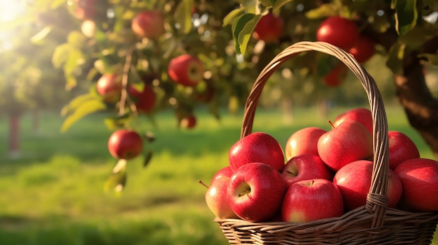 Manzanas orgánicas en canasta en hierba de verano Manzanas frescas en la naturaleza