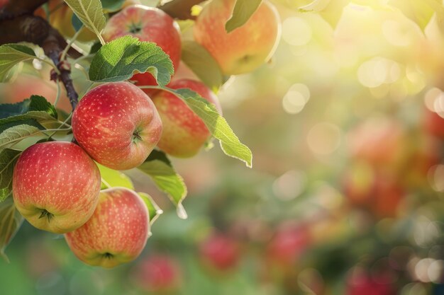 manzanas orgánicas frescas de temporada colgando de la rama del árbol en el huerto de manzanas