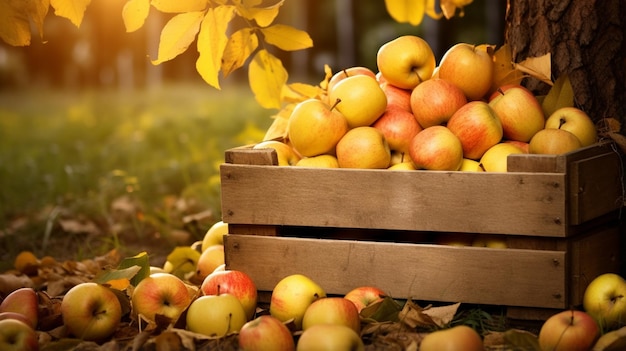 Manzanas de otoño en cesta sobre mesa de madera.