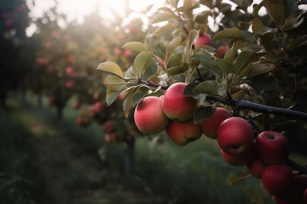 Manzanas en una rama en un huerto
