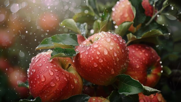 Las manzanas recién recogidas brillan con gotas de lluvia capturando la esencia de la frescura del huerto y la pureza de la bondad de la naturaleza.