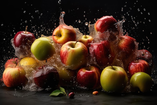 Las manzanas rojas caen en el agua Explosión de jugo de manzana Fondo oscuro Ilustración de IA generativa abstracta