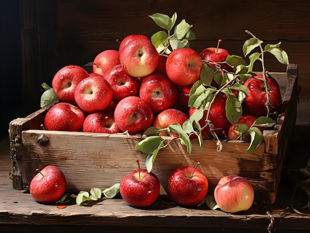 manzanas rojas en una caja de madera sobre una mesa de madera