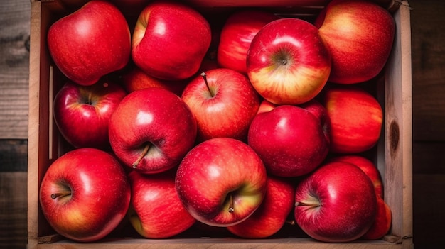 manzanas rojas en caja de madera vista de arriba hacia abajo