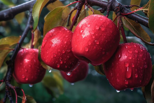 Manzanas rojas colgando de un árbol