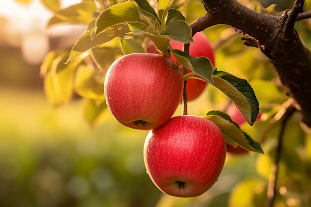 Las manzanas rojas cosechadas en una rama