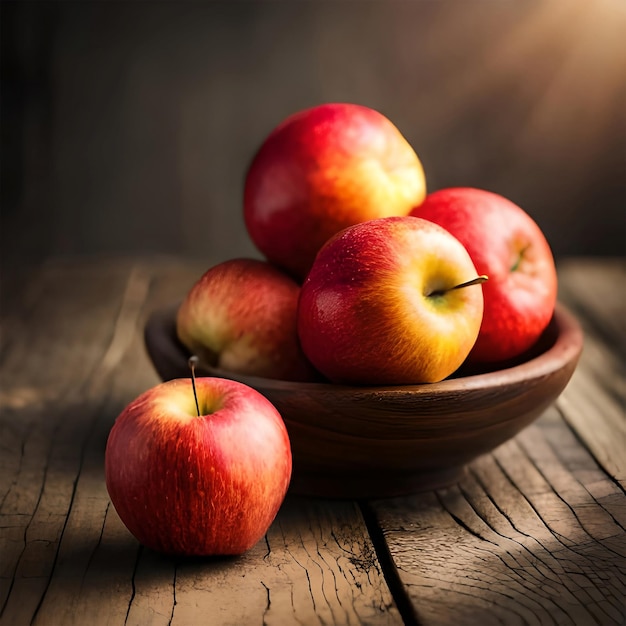 manzanas rojas en un cuenco de madera aisladas sobre fondo de madera y luz solar