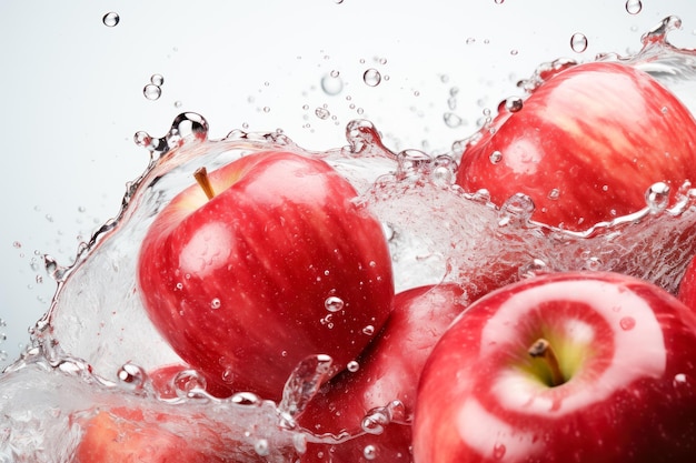 Manzanas rojas frescas en agua salpicada sobre fondo azul primer plano