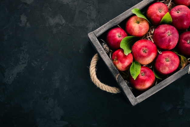 Manzanas rojas frescas en una caja de madera Alimentos orgánicos Sobre un fondo negro Vista superior Espacio libre para texto