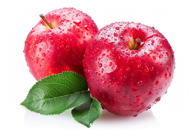 manzanas rojas frescas con gotas de agua y hojas verdes aisladas sobre un fondo blanco