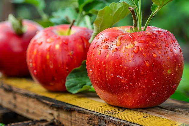 manzanas rojas frescas con gotas de agua en la superficie de madera en un jardín exuberante ambiente vibrante